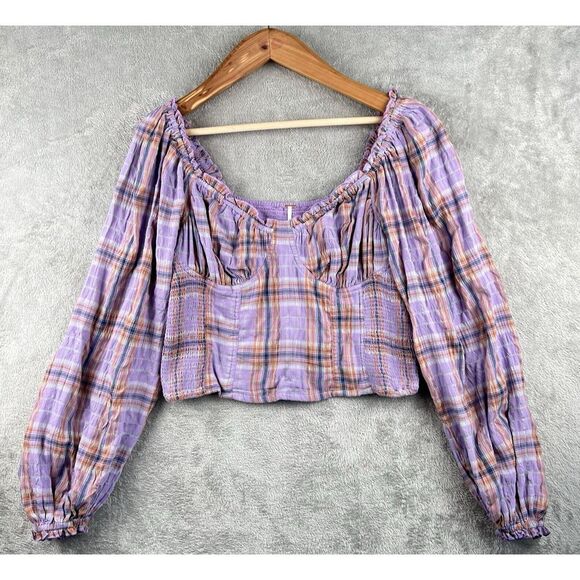 Free People Tops - Free People‎ Cherry Bomb Top Womens XL Purple Plaid Balloon Sleeves Ruched Boho